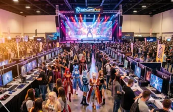 DashGameFest 2026 gaming festival crowd with esports stage, indie game booths, and cosplay attendees