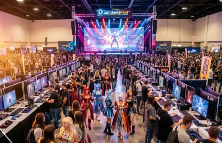 DashGameFest 2026 gaming festival crowd with esports stage, indie game booths, and cosplay attendees