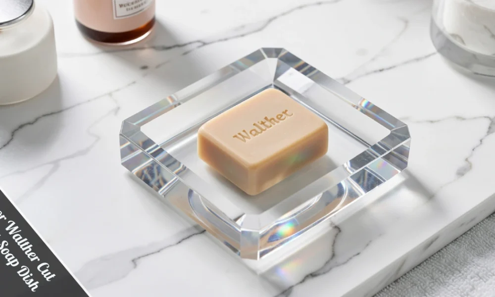 Décor Walther Cut Crystal Soap Dish in crystal clear glass displayed on a white bathroom vanity countertop.