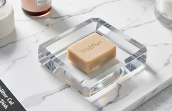 Décor Walther Cut Crystal Soap Dish in crystal clear glass displayed on a white bathroom vanity countertop.