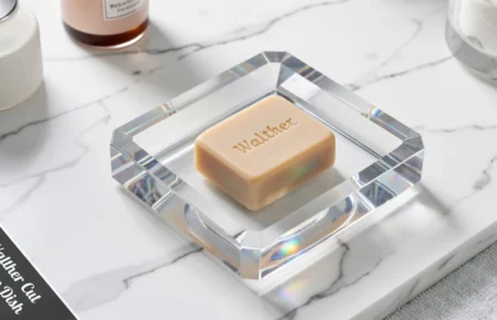 Décor Walther Cut Crystal Soap Dish in crystal clear glass displayed on a white bathroom vanity countertop.