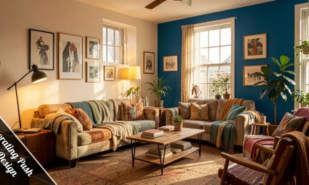 Decorating PushYourDesign cozy living room with bold blue wall, layered lighting, and meaningful personal decor.