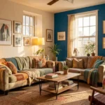 Decorating PushYourDesign cozy living room with bold blue wall, layered lighting, and meaningful personal decor.