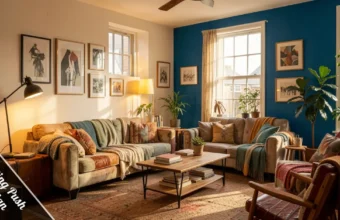 Decorating PushYourDesign cozy living room with bold blue wall, layered lighting, and meaningful personal decor.