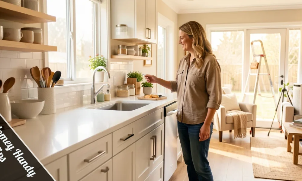 DrHomey Handy Tips guide showing a homeowner doing seasonal maintenance checks around a clean, organized modern home.