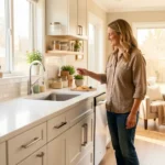 DrHomey Handy Tips guide showing a homeowner doing seasonal maintenance checks around a clean, organized modern home.