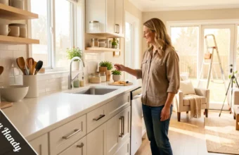 DrHomey Handy Tips guide showing a homeowner doing seasonal maintenance checks around a clean, organized modern home.