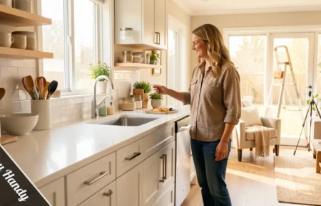 DrHomey Handy Tips guide showing a homeowner doing seasonal maintenance checks around a clean, organized modern home.