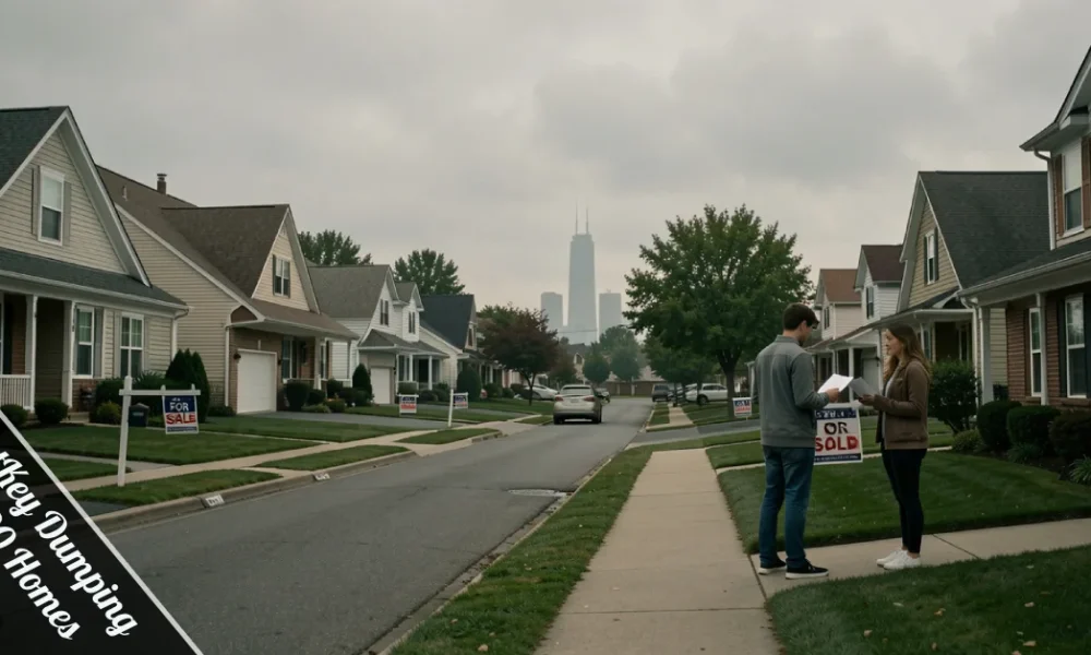 Suburban homes with For Sale signs illustrating firstkey dumping 48000 homes impact on renters buyers and local housing market.