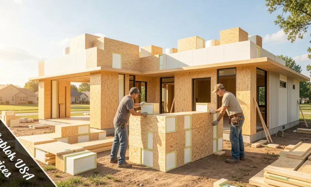 Insulated wooden building blocks being stacked for a self-build home — illustrating Gablok USA Prices and modular construction savings.