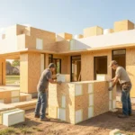 Insulated wooden building blocks being stacked for a self-build home — illustrating Gablok USA Prices and modular construction savings.