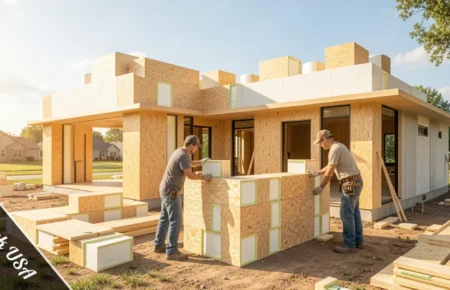 Insulated wooden building blocks being stacked for a self-build home — illustrating Gablok USA Prices and modular construction savings.