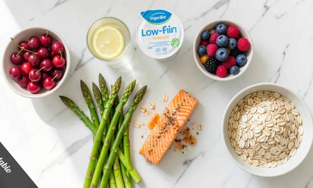 A flat lay of gout diet foods including tart cherries, water, low-fat yogurt, salmon, oats, and fresh vegetables on a white marble surface