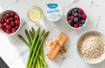 A flat lay of gout diet foods including tart cherries, water, low-fat yogurt, salmon, oats, and fresh vegetables on a white marble surface