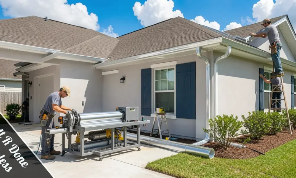 Gutt R Done Seamless gutters being installed on a home in Lafayette with a roll-forming machine on the driveway.