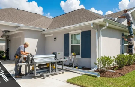 Gutt R Done Seamless gutters being installed on a home in Lafayette with a roll-forming machine on the driveway.