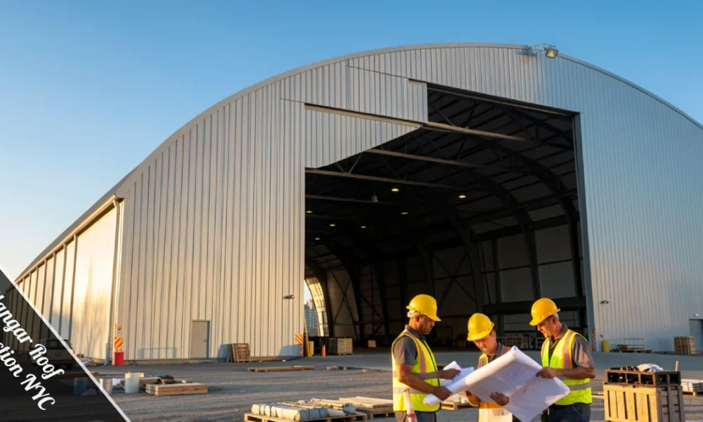 Professional inspector examining seams and drainage on a completed hangar roof construction NYC project during annual maintenance check