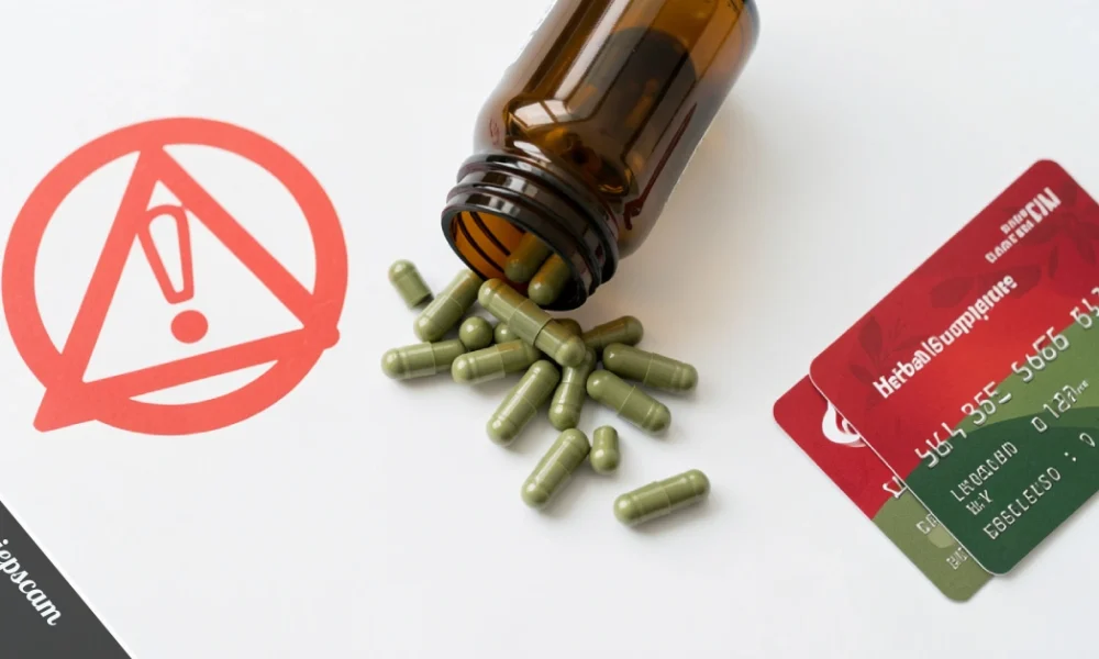 Herbciepscam warning showing herbal supplement bottle and credit card scam risk