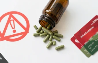Herbciepscam warning showing herbal supplement bottle and credit card scam risk