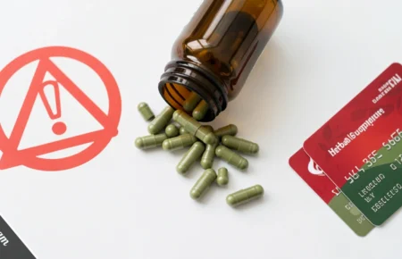 Herbciepscam warning showing herbal supplement bottle and credit card scam risk