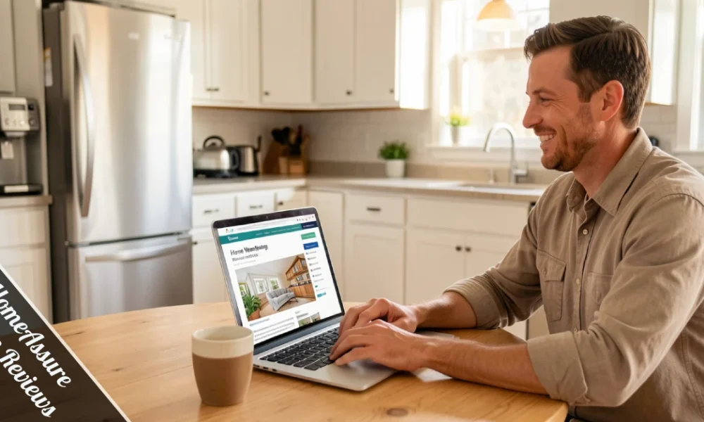 Homeowner reading homeassure admin reviews on laptop beside kitchen appliances at home