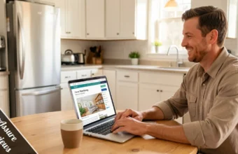 Homeowner reading homeassure admin reviews on laptop beside kitchen appliances at home