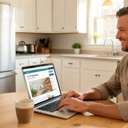 Homeowner reading homeassure admin reviews on laptop beside kitchen appliances at home