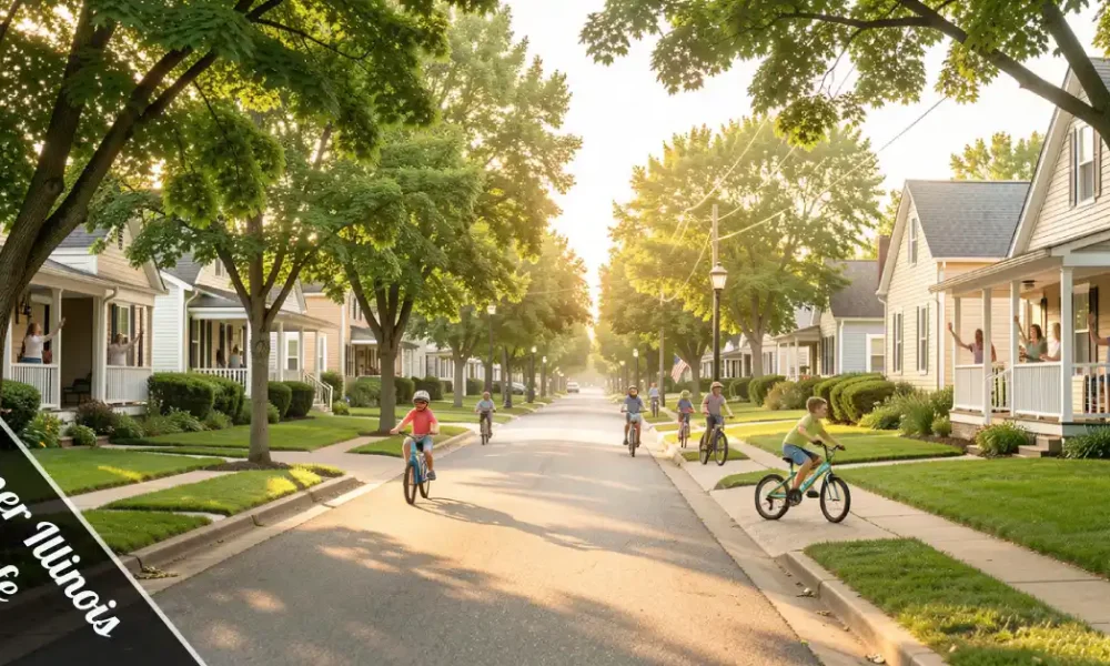 Homer Illinois Safe street view with children biking on quiet tree-lined roads in a peaceful small-town Champaign County neighborhood.