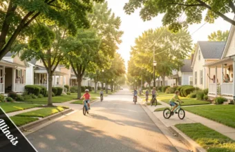 Homer Illinois Safe street view with children biking on quiet tree-lined roads in a peaceful small-town Champaign County neighborhood.