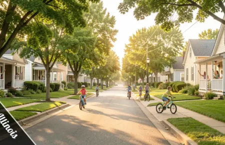 Homer Illinois Safe street view with children biking on quiet tree-lined roads in a peaceful small-town Champaign County neighborhood.
