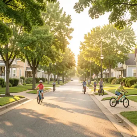 Homer Illinois Safe street view with children biking on quiet tree-lined roads in a peaceful small-town Champaign County neighborhood.