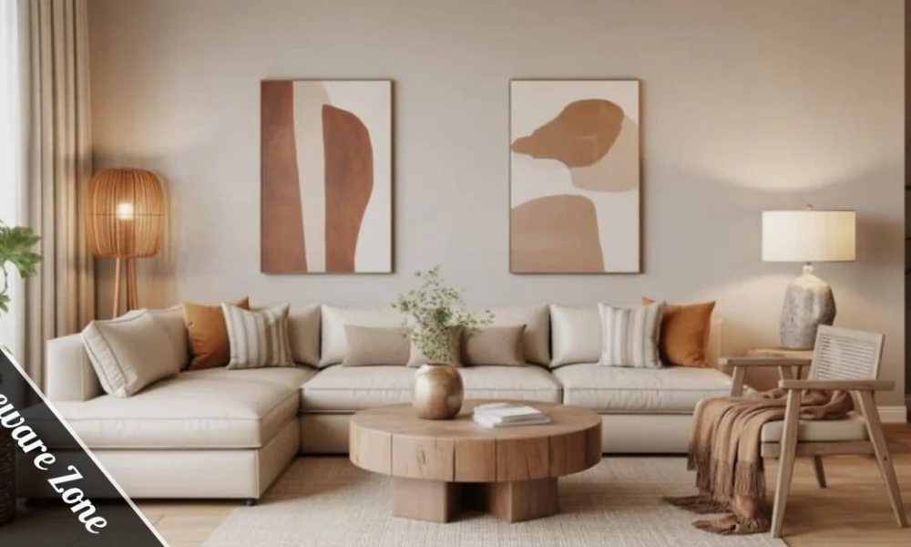 Bright modern living room homeware zone with linen sofa, textured throws, and warm lighting.