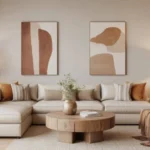 Bright modern living room homeware zone with linen sofa, textured throws, and warm lighting.