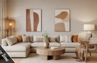 Bright modern living room homeware zone with linen sofa, textured throws, and warm lighting.
