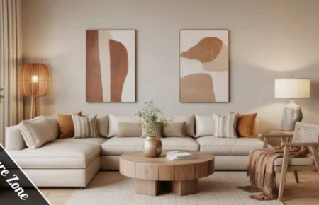 Bright modern living room homeware zone with linen sofa, textured throws, and warm lighting.