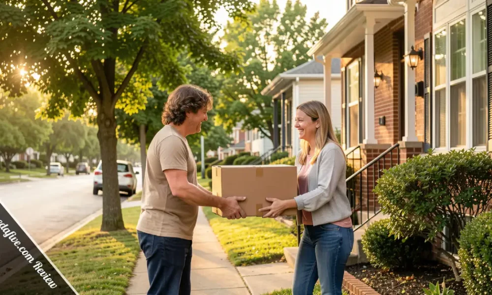 Two neighbors exchanging a small favor outside a home, representing the ireallyneedafive.com community help concept
