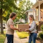 Two neighbors exchanging a small favor outside a home, representing the ireallyneedafive.com community help concept