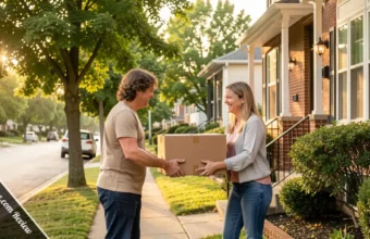 Two neighbors exchanging a small favor outside a home, representing the ireallyneedafive.com community help concept