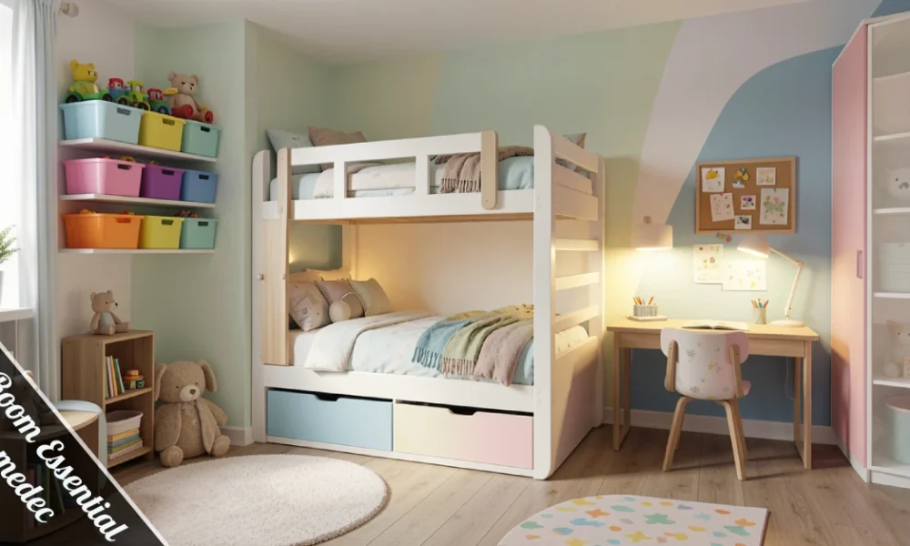 Kids Room Essentials ththomedec showing organized storage, loft bed, study desk, play zone, and safe furniture in a child's room.