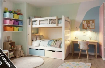 Kids Room Essentials ththomedec showing organized storage, loft bed, study desk, play zone, and safe furniture in a child's room.
