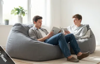Modern living room with a grey Koshio Bean Bag and a man reading.