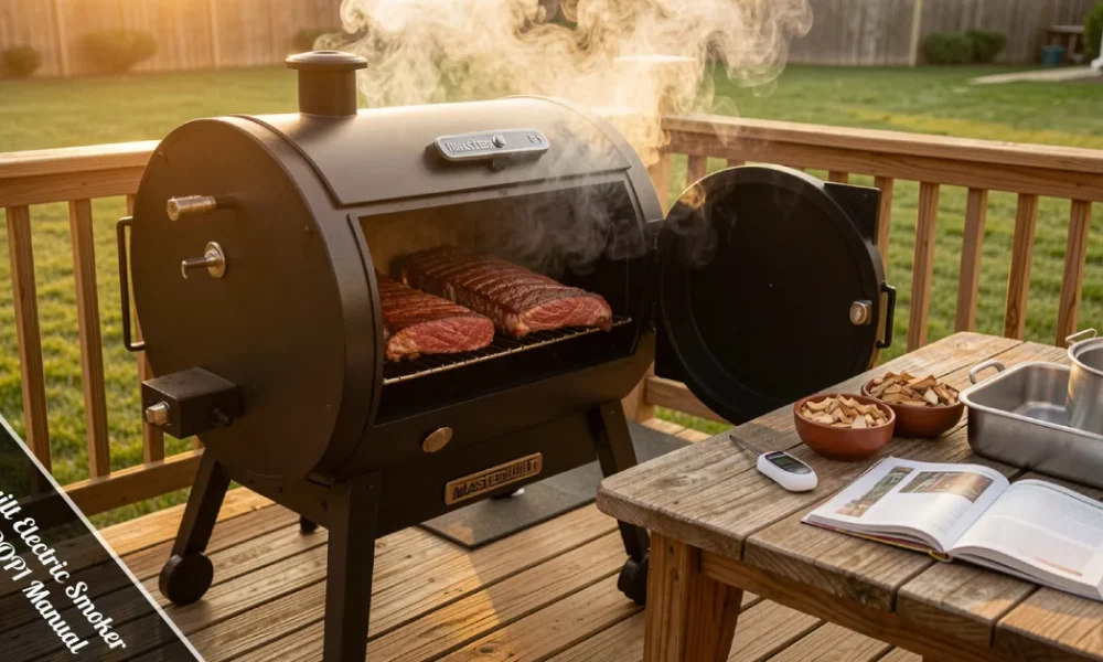 Masterbuilt Electric Smoker Manual OOP1 Manual guide showing assembly setup wood chips and temperature control for BBQ.