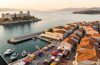 Merfez coastal town in Turkey with Ottoman architecture, harbor, and artisan market at golden hour