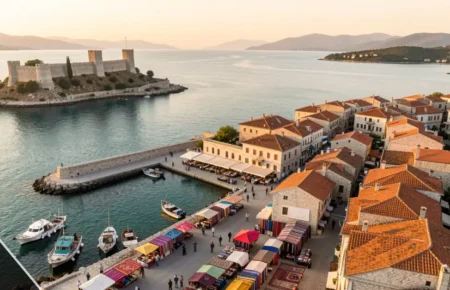 Merfez coastal town in Turkey with Ottoman architecture, harbor, and artisan market at golden hour