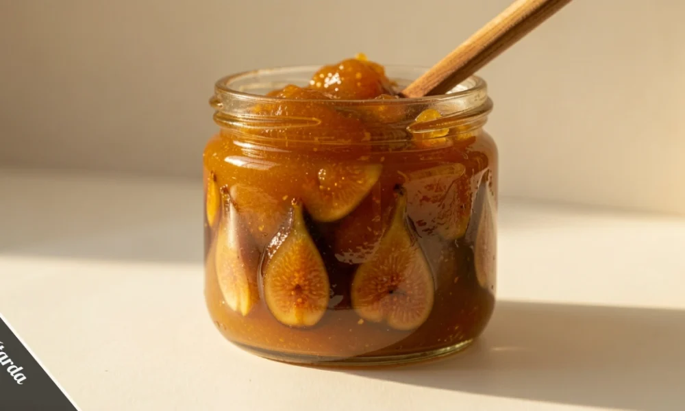 Jar of mustarda with golden-brown preserve and spoon, traditional Croatian mustarda condiment made with mustard seeds