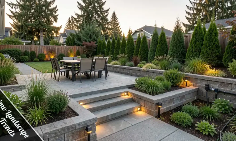 Nanaimo Landscape Design Trends 2026 — raised patio, retaining wall, native plants, and smart irrigation in a coastal BC backyard.