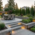 Nanaimo Landscape Design Trends 2026 — raised patio, retaining wall, native plants, and smart irrigation in a coastal BC backyard.