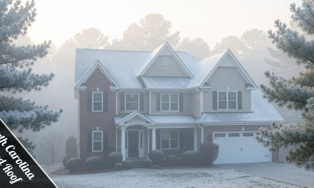 North Carolina frosted roof covered in winter frost during cold morning in residential neighborhood.