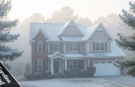 North Carolina frosted roof covered in winter frost during cold morning in residential neighborhood.