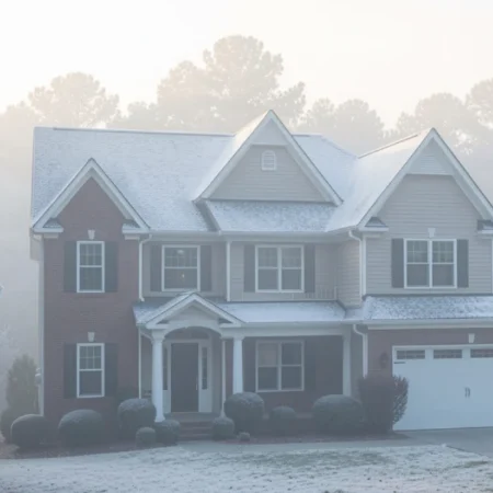 North Carolina frosted roof covered in winter frost during cold morning in residential neighborhood.